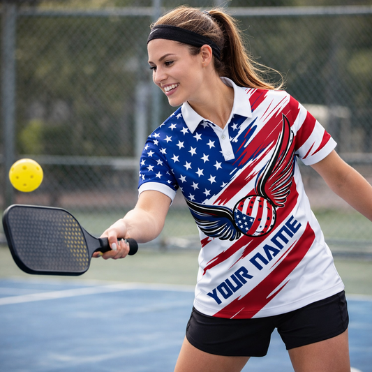 Patriotic USA Flag Polo Shirt Custom Name American Eagle Wings Pickleball Shirt