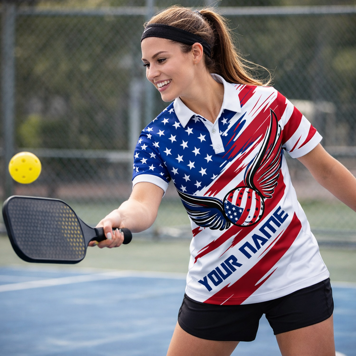 Patriotic USA Flag Polo Shirt Custom Name American Eagle Wings Pickleball Shirt