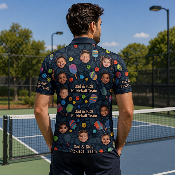 Dad & Kids Pickleball Team Custom Photo Polo Navy
