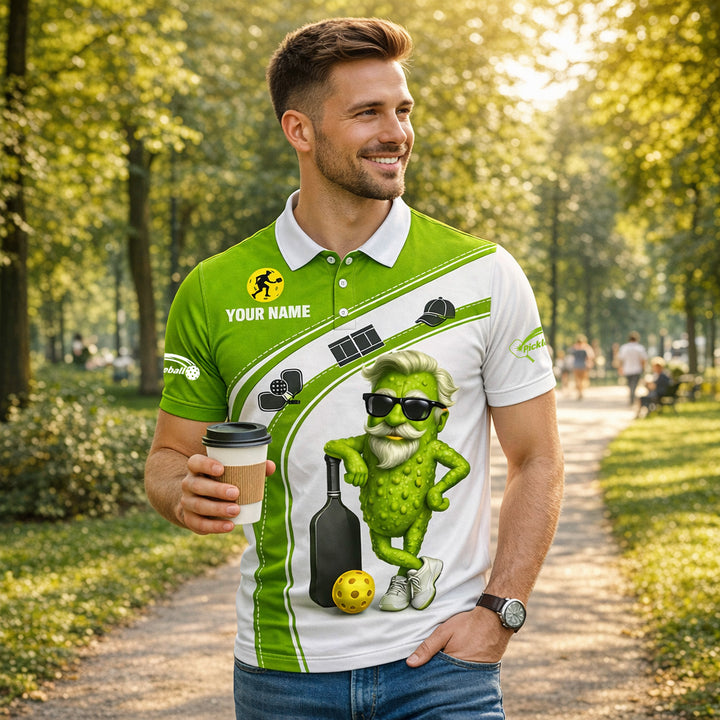 Funny Pickleball Polo Shirt Custom Name Cool Pickle Character Green White