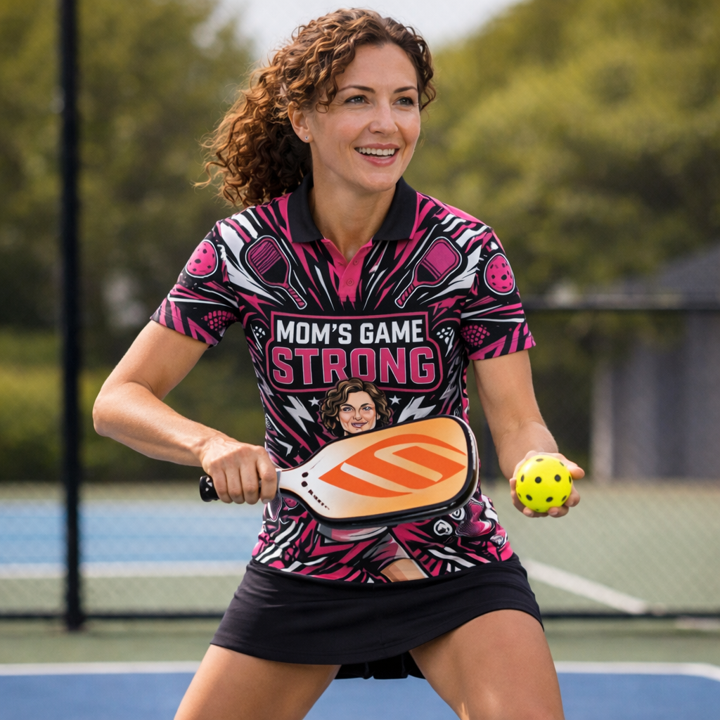 Moms Game Strong Pickleball Polo Shirt for Women Pink