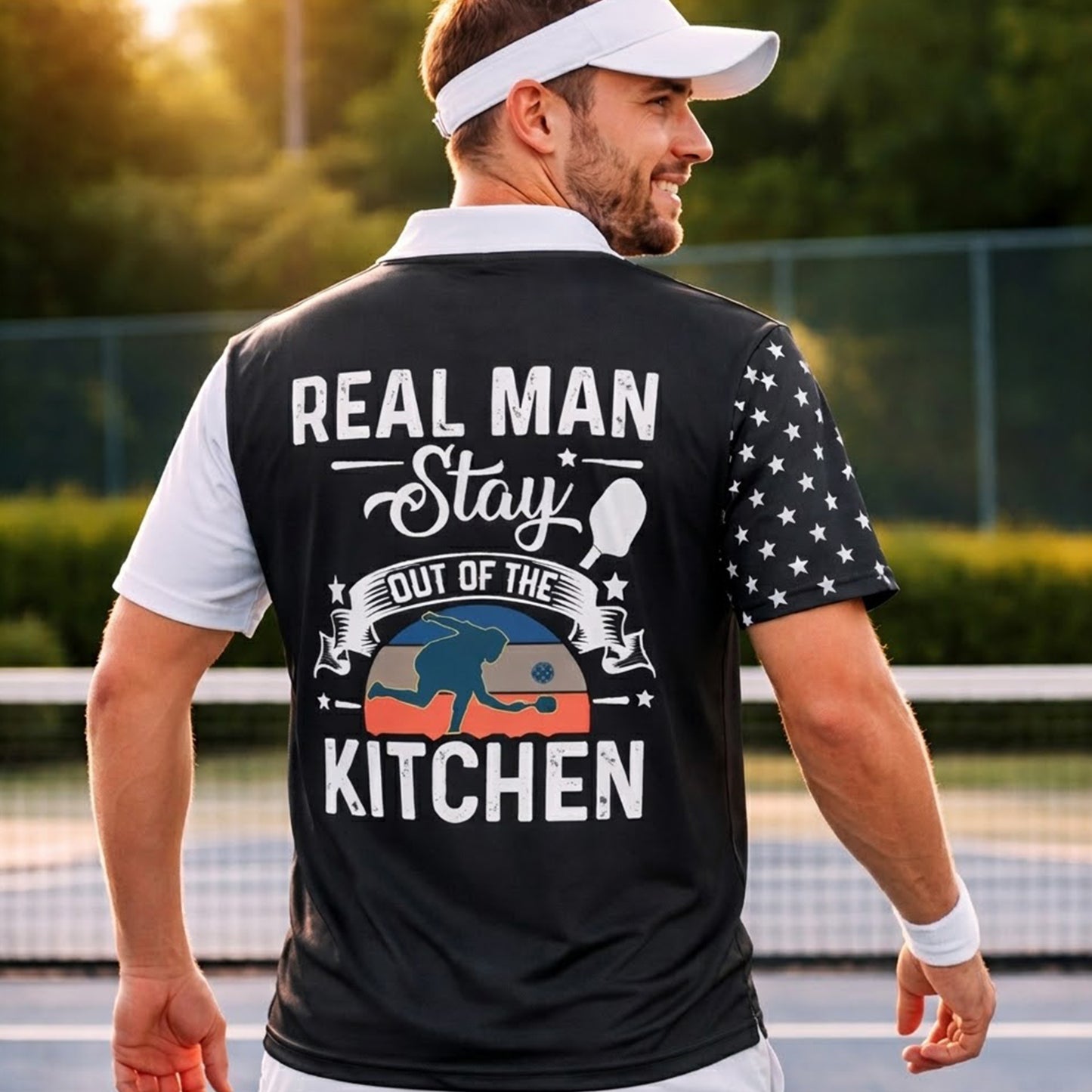 USA Flag Pickleball Polo Shirt Custom Name Funny Real Man Stay Out Of The Kitchen Graphic Performance Unisex Shirt