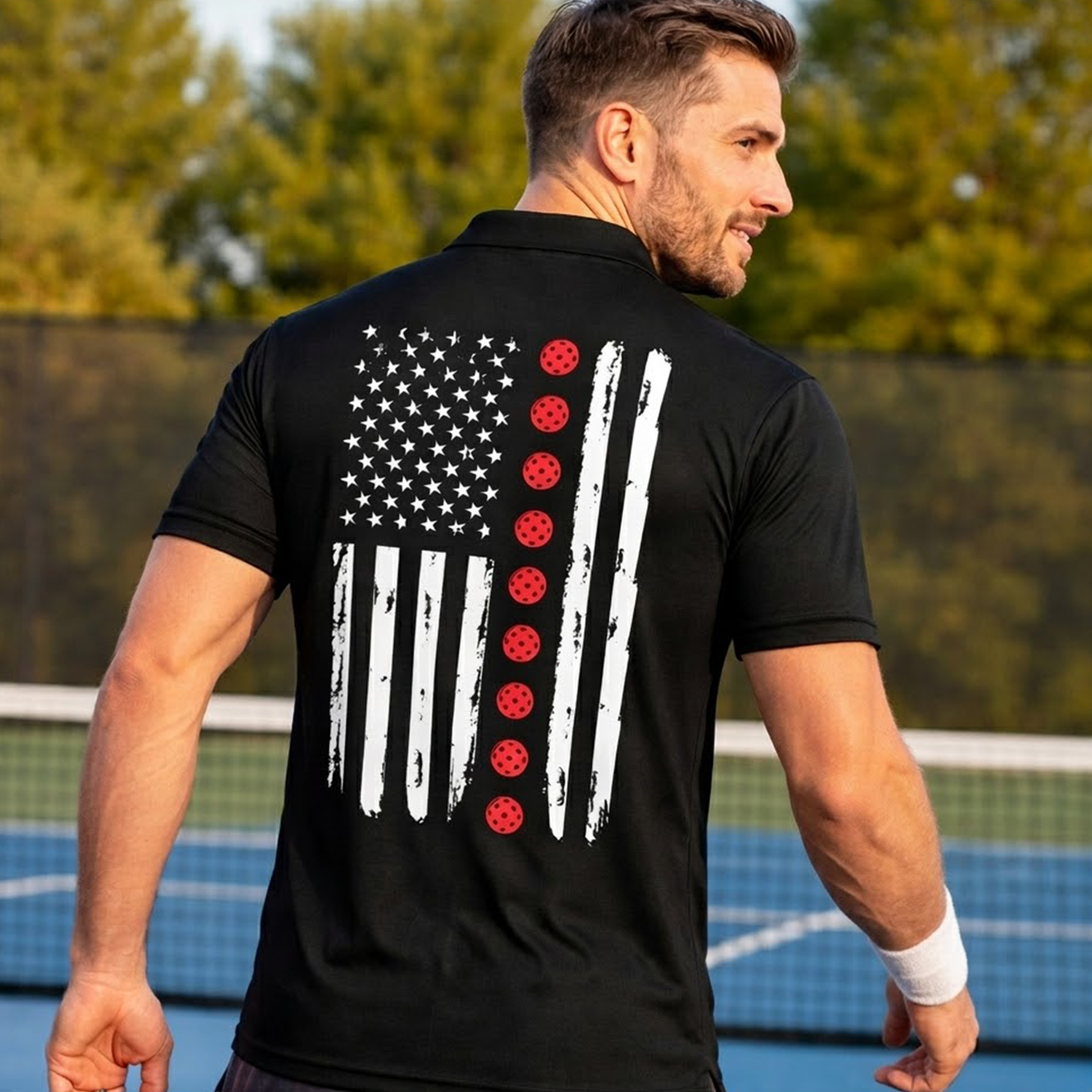 Pickleball Polo Shirt American Flag Design Personalized Name Performance Polo Black