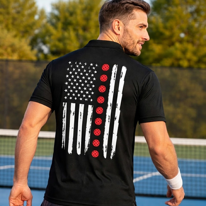 Pickleball Polo Shirt American Flag Design Personalized Name Performance Polo Black
