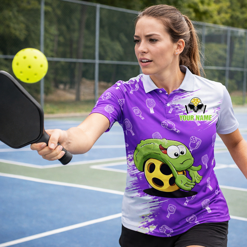 Custom Team Name Pickleball Polo Shirt for Men, Funny Turtle Purple Pickleball Paddle Pattern Personalized Jersey, Short Sleeve Athletic Sports Polo for Players and Teams