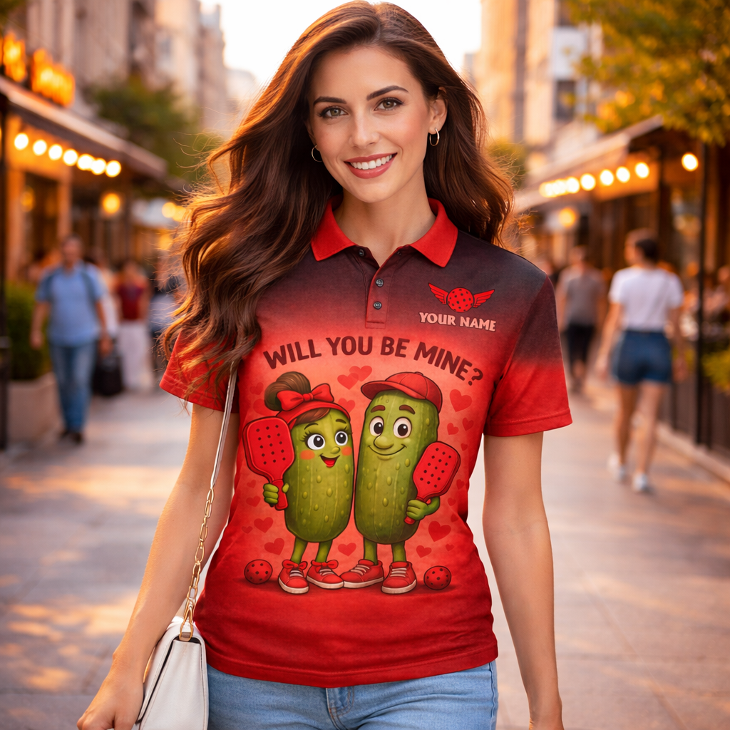 Personalized Valentine Pickleball Polo Shirt Will You Be Mine Cute Pickle Couple Custom Name Team Men's Short Sleeve Red Black Gradient Tee
