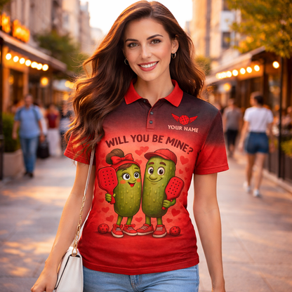Personalized Valentine Pickleball Polo Shirt Will You Be Mine Cute Pickle Couple Custom Name Team Men's Short Sleeve Red Black Gradient Tee