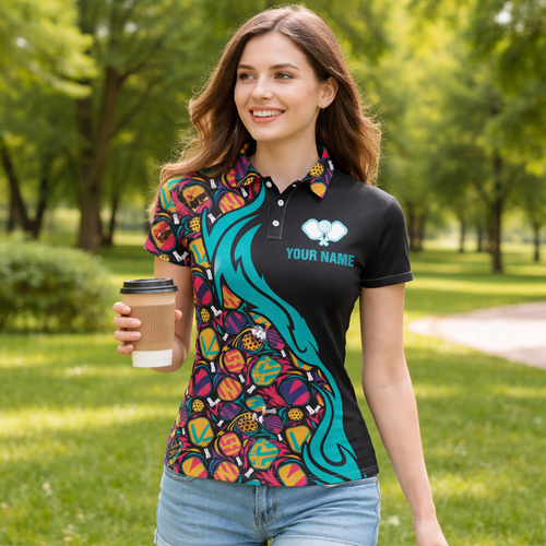 Custom Name Women's Pickleball Polo Shirt, Personalized Team Name Short Sleeve Button-Up Jersey, Colorful Paddle Pattern Athletic Tee