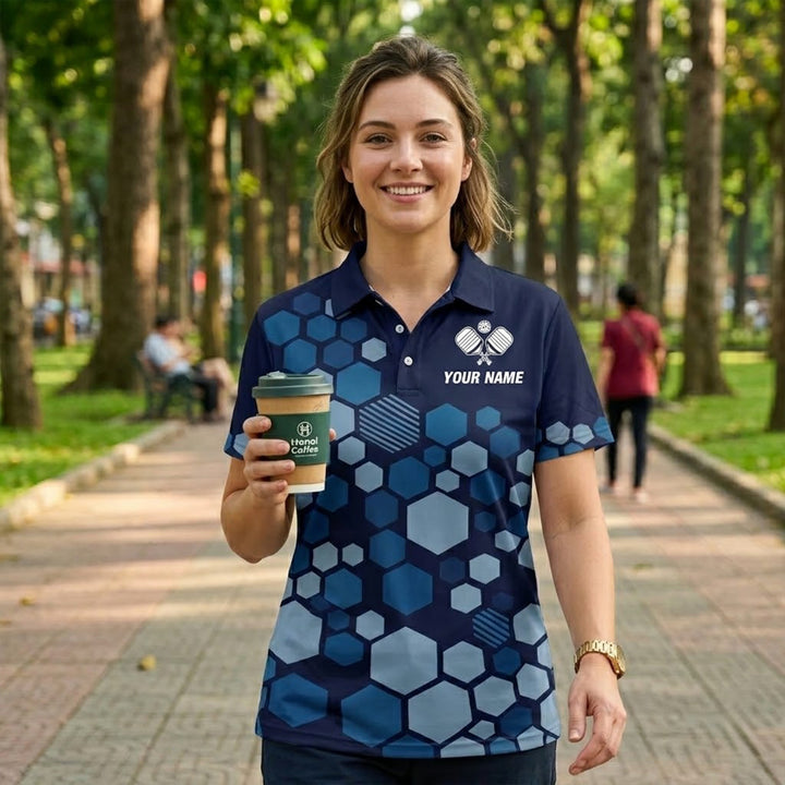 Custom Pickleball Polo Shirt Blue Hexagon Personalized Name Performance Pickleball Shirt Men Women