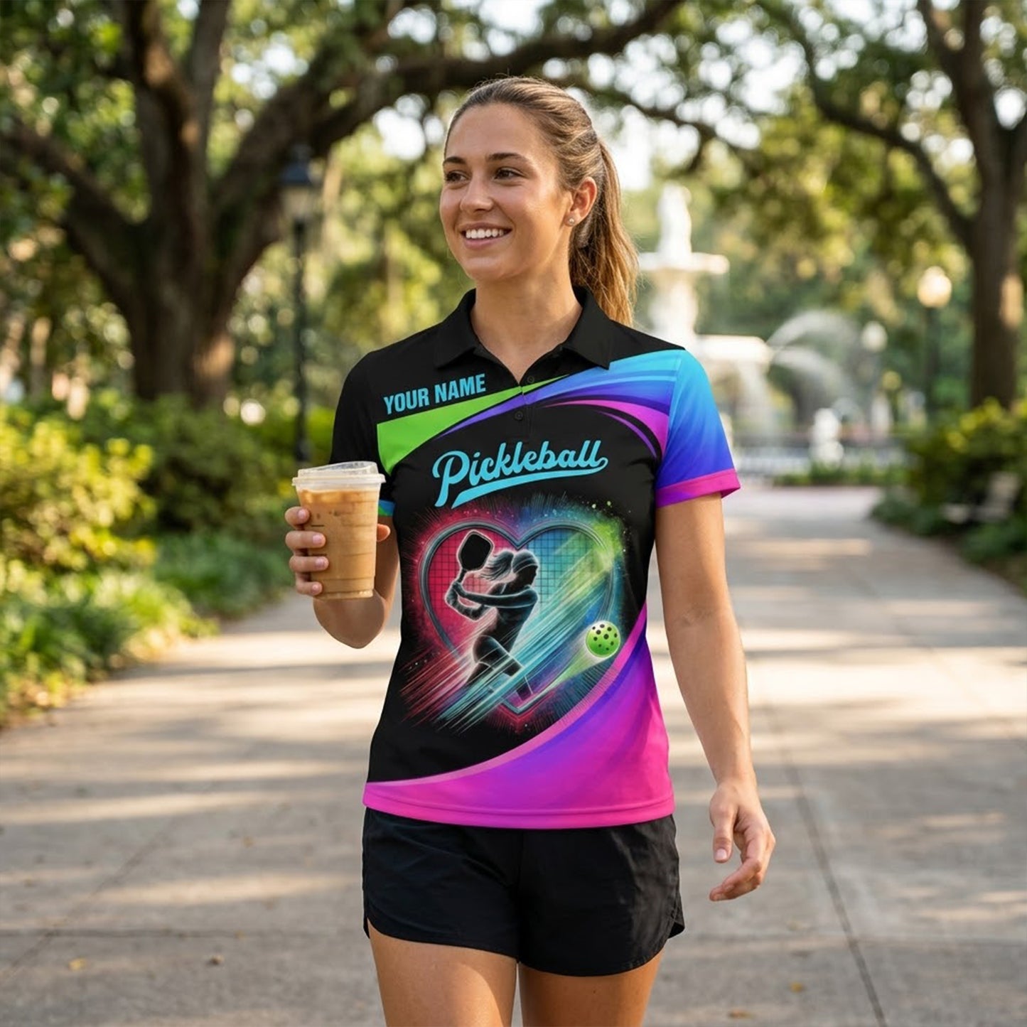 Personalized Pickleball Polo Shirt Neon Heart Player Graphic Custom Name Performance Polo for Women