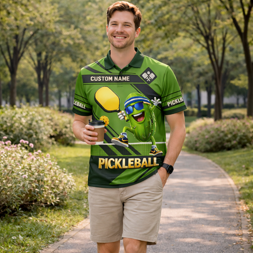 Pickleball Polo Shirt with Personalized Name, Green Short Sleeve Athletic Polo, 100% Polyester Mesh, Full-Width Print Design
