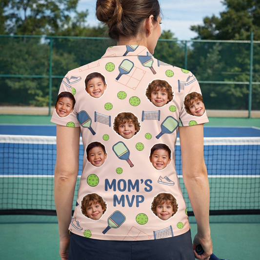 Mom's MVP Pickleball Custom Face Peach Polo Shirt