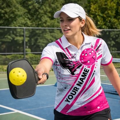 Mens Pickleball Polo Shirt Pink Splash Custom Name Team