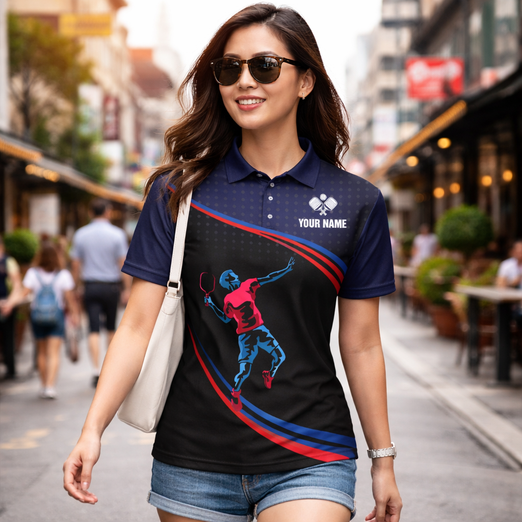 Pickleball Polo Shirt Personalized Name Men Women Sport Performance Polo Blue Red Player Design