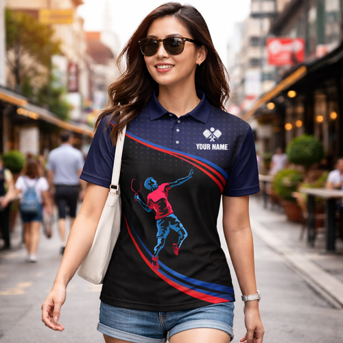 Pickleball Polo Shirt Personalized Name Men Women Sport Performance Polo Blue Red Player Design