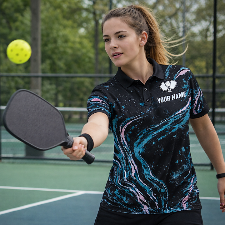 Pickleball Polo Shirt Custom Name Team Name Marble Galaxy Performance Shirt