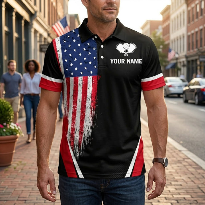 Custom Pickleball Polo Shirt USA Flag Personalized Name Black Red Performance Pickleball Shirt Men Women