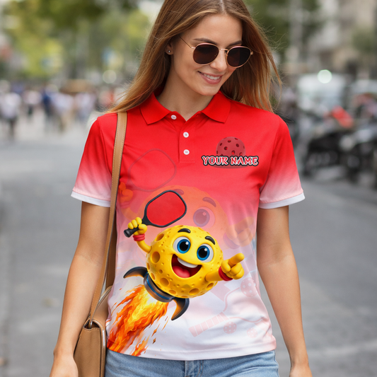 Men's Custom Pickleball Polo Shirt Funny Cartoon Ball Rocket Design Personalized Name Team Short Sleeve Red White Polyester Polo