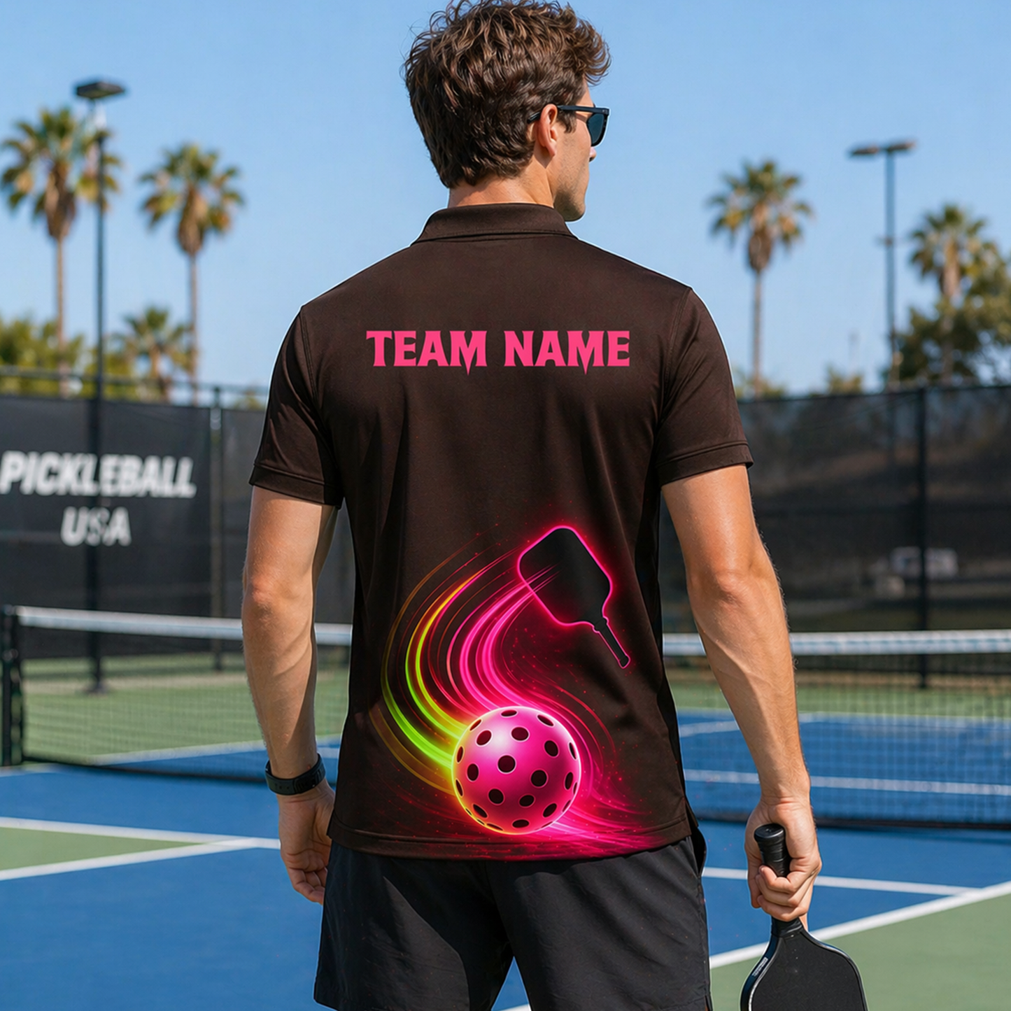 Neon Glow Pickleball Paddle Ball Mens Polo Brown Pink
