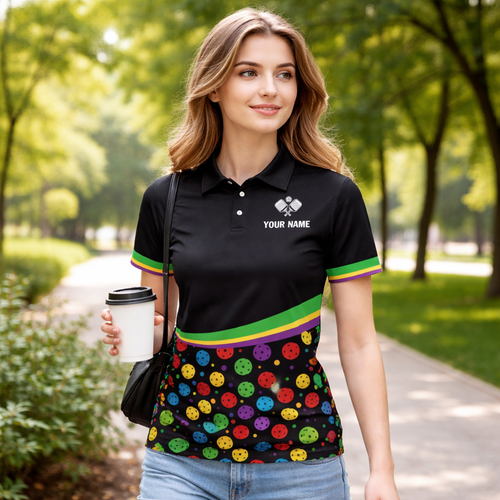 Pickleball Polo Shirt Custom Name Funny Pickleball Pattern Performance Polo Black Colorful