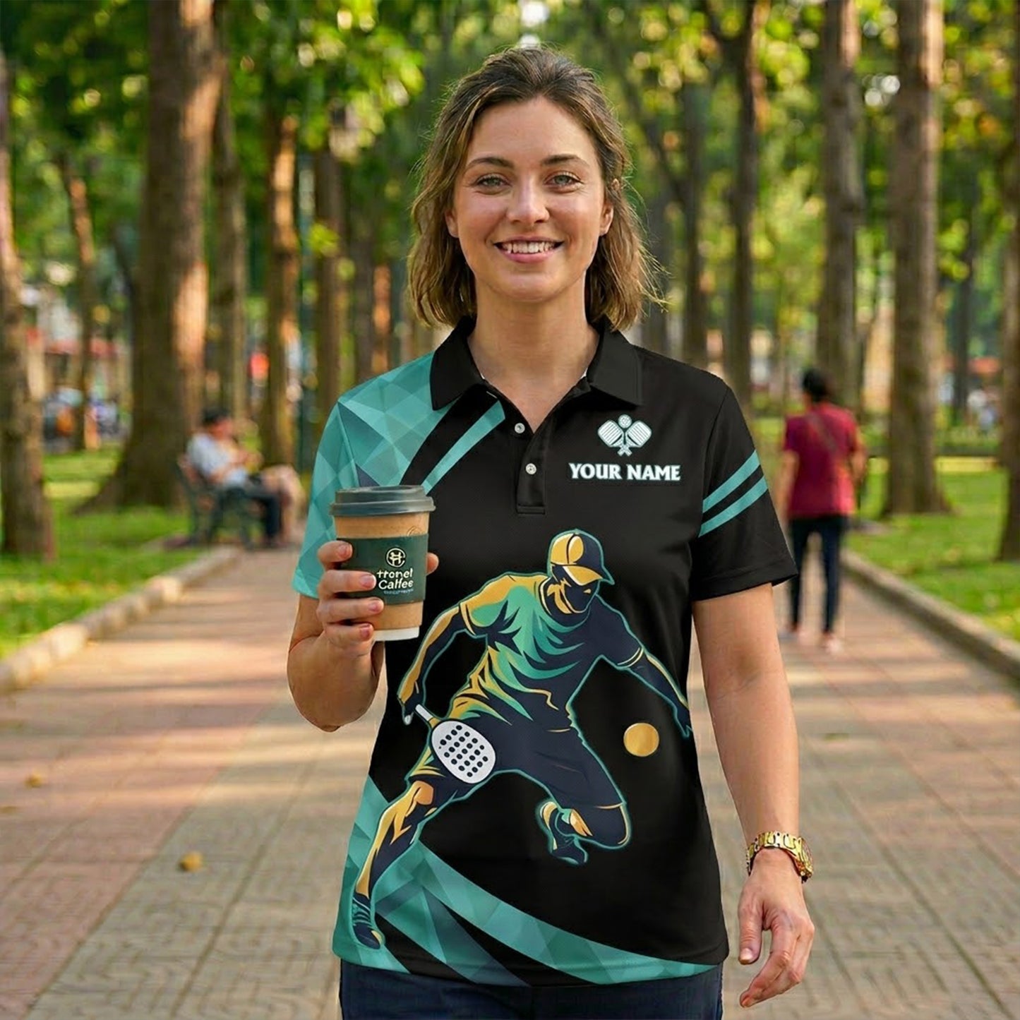 Pickleball Polo Shirt Custom Name Team Name Black Teal Performance Athletic Shirt