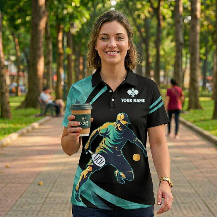 Pickleball Polo Shirt Custom Name Team Name Black Teal Performance Athletic Shirt