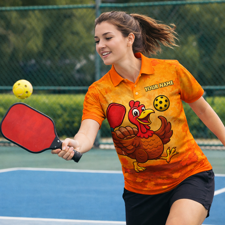 Funny Turkey Pickleball Polo Shirt Custom Name Team Shirt Thanksgiving Pickleball Outfit Breathable Mesh Top
