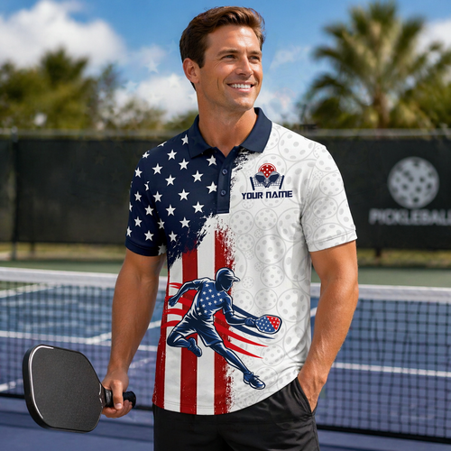 USA Flag Custom Name & Team Pickleball Polo Shirt Men