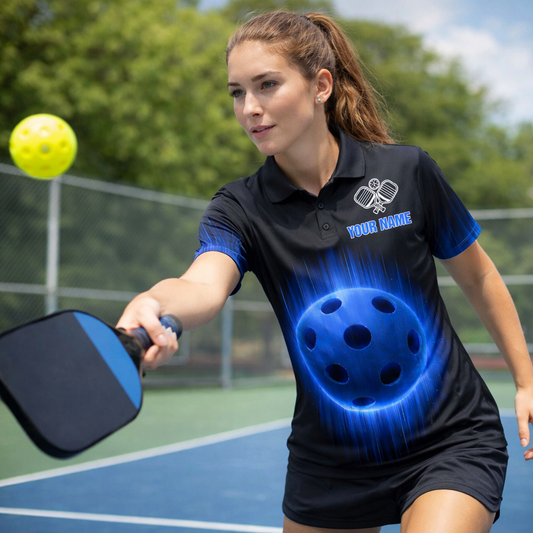 Personalized Pickleball Polo Shirt Men Custom Name Team Glowing Blue Ball Lightning Design Moisture Wicking Polyester Black Blue Short Sleeve Tee