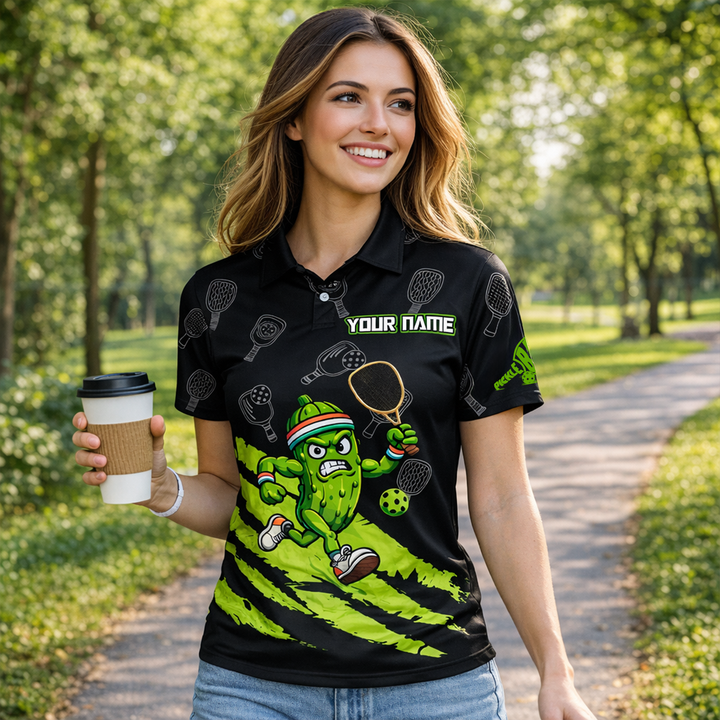Pickleball Polo Shirt Funny Pickle Player Cartoon Custom Team Name Black Green Sport Design Unisex
