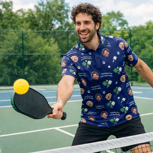 Custom Photo Pickleball Dad & Dog Polo Shirt Navy