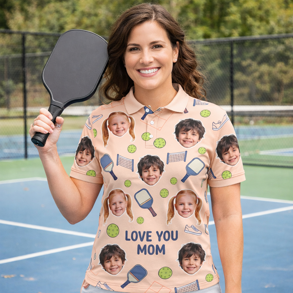 Love You Mom Custom Kids Photo Pickleball Polo Peach