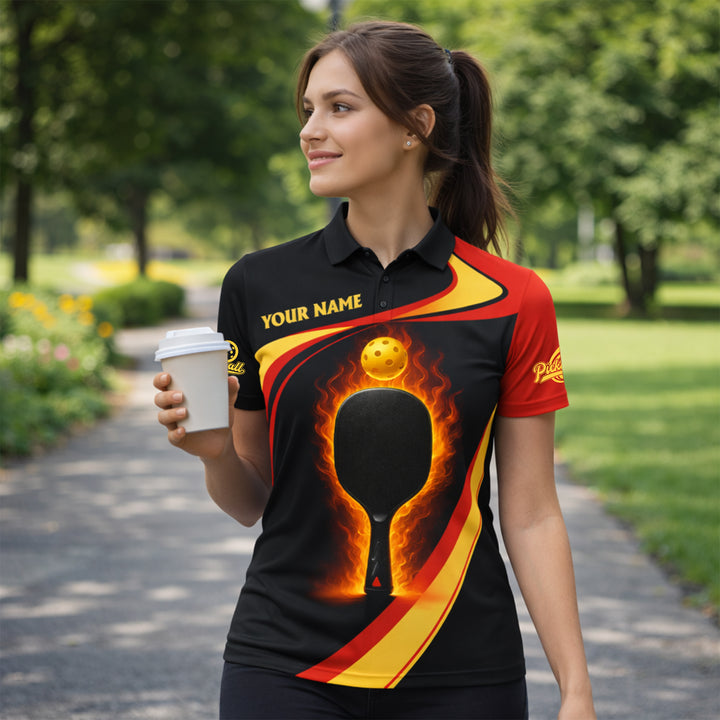 Personalized Pickleball Polo Shirt Flame Paddle Graphic Custom Name Breathable Sport Performance Tee