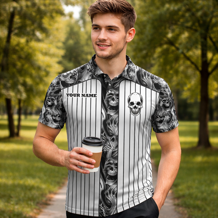 Skull Pickleball Polo Shirt Black White Personalized Name Team Shirt Performance Sports Polo Unisex