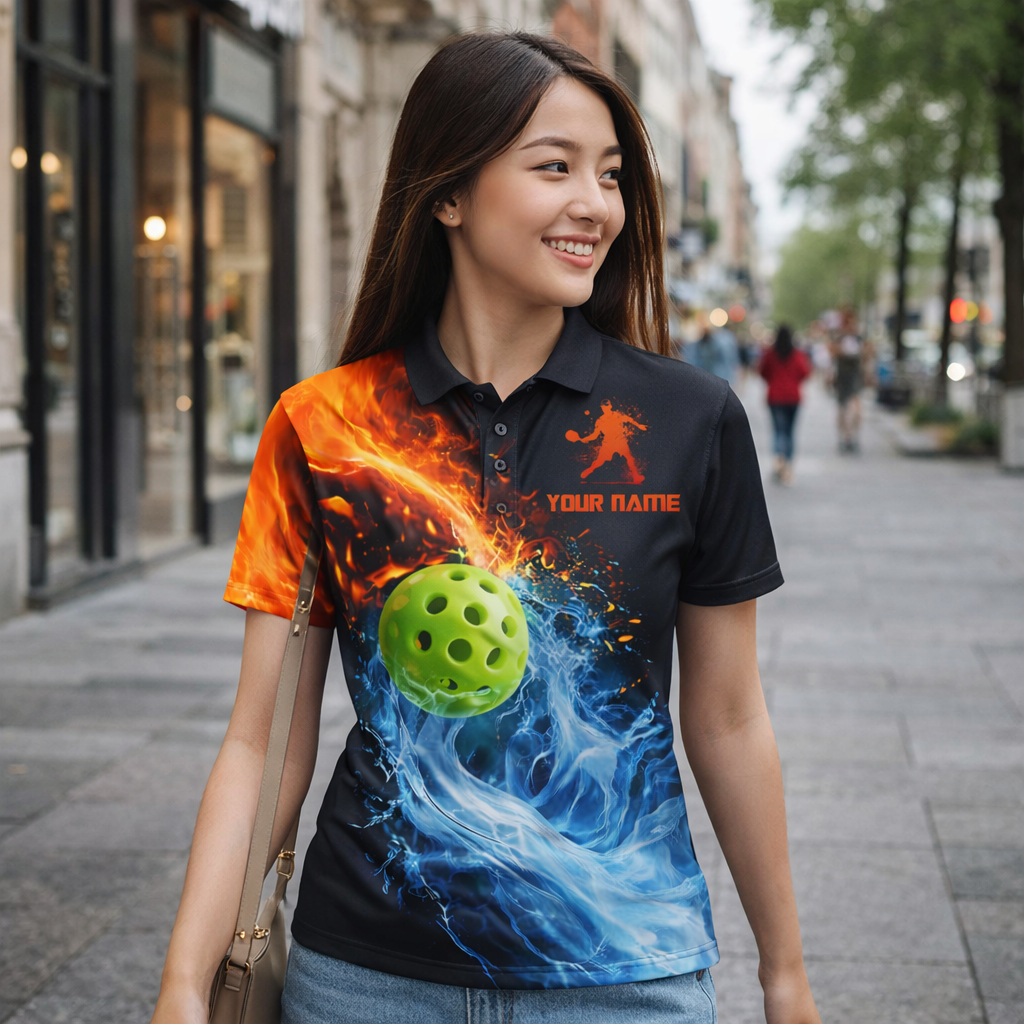 Men's Pickleball Polo Shirt Custom Name Team Fire Water