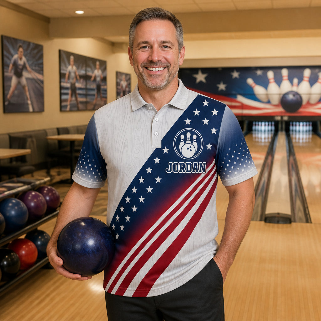 Custom Bowling Team Polo – Patriotic Varsity Crest - Lifestyle 1