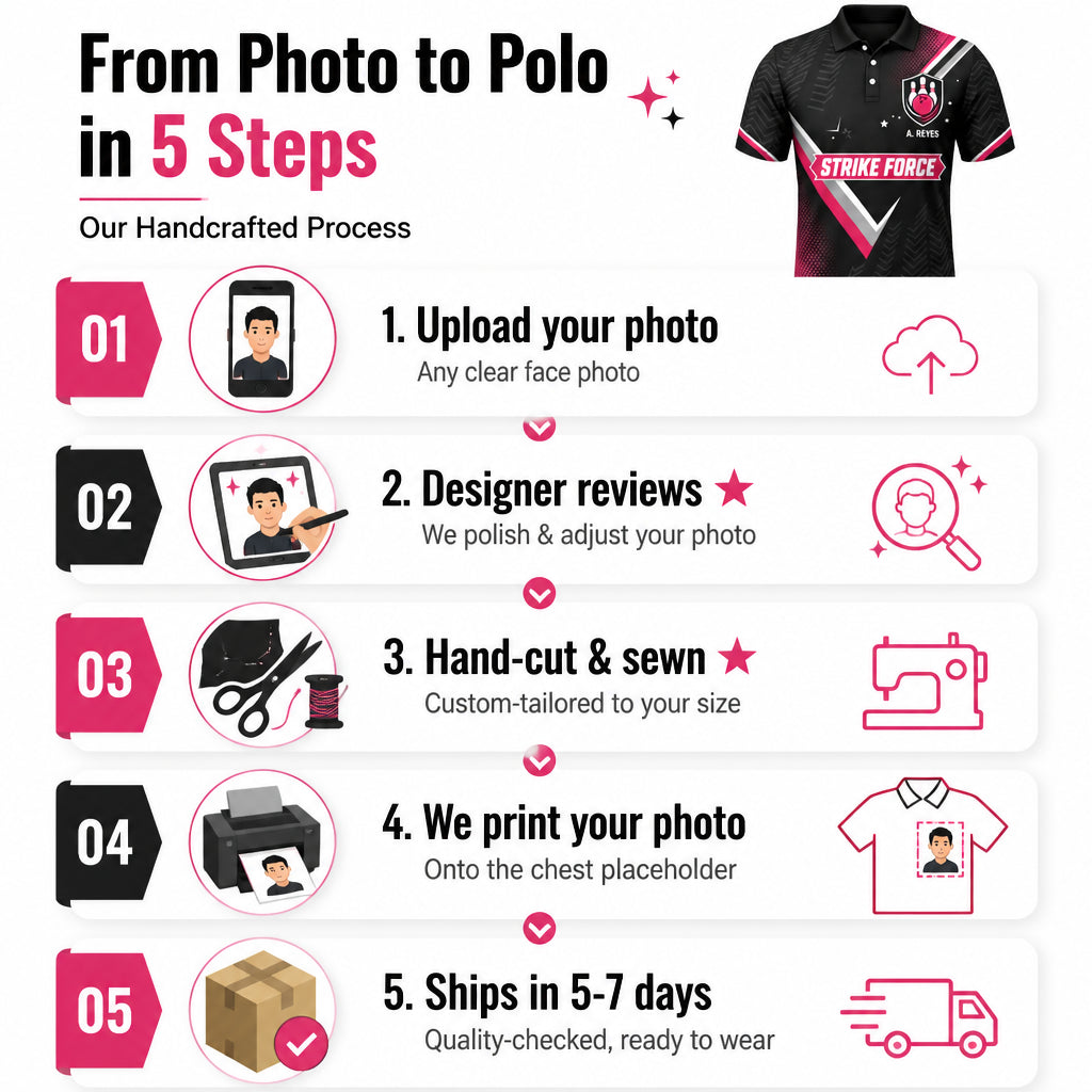 Custom Bowling Team AOP Polo — Team Name & Player Name - How it is made