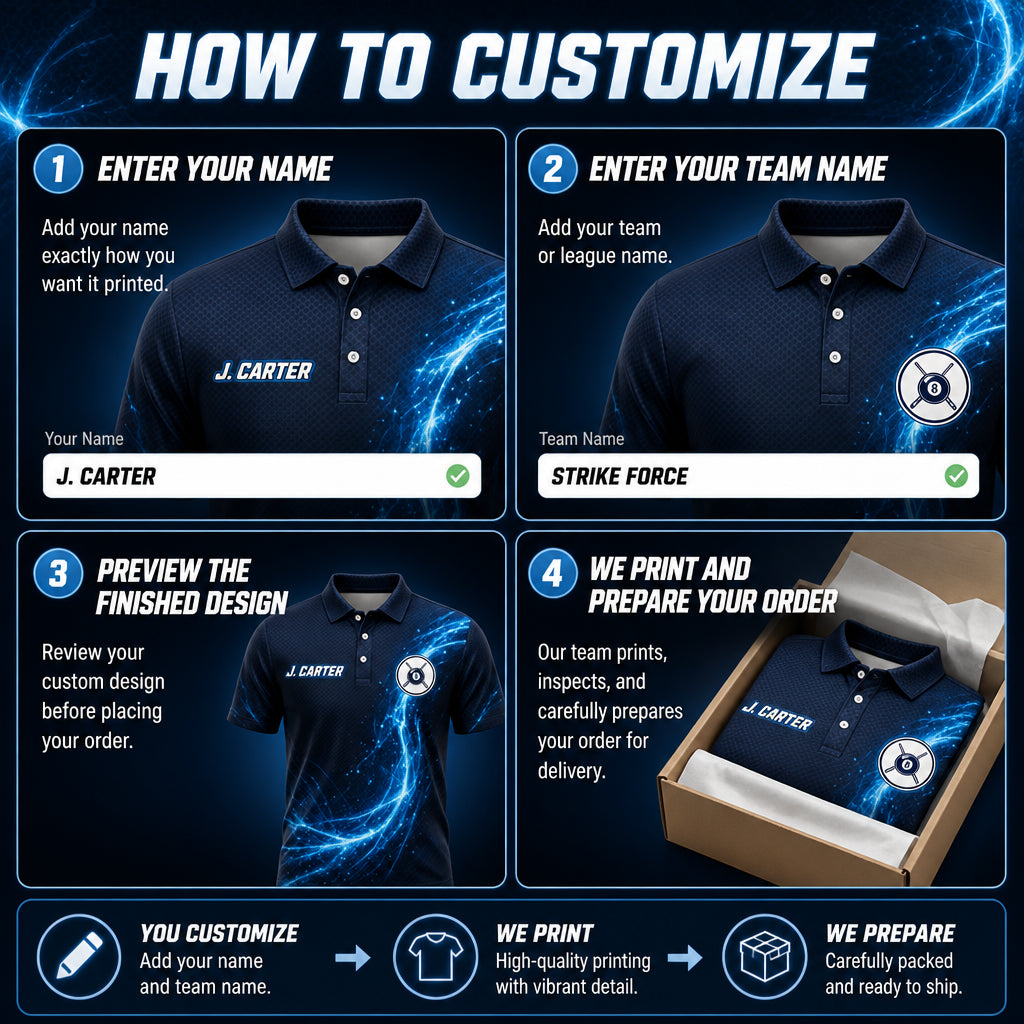 Custom Billiards Energy AOP Polo – Team & Player Name - How to customize