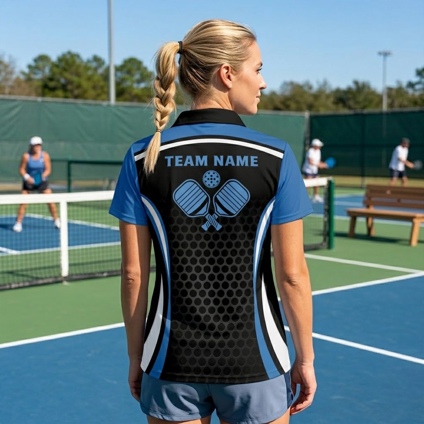 Custom Pickleball Polo Shirt Personalized Team Name Performance Black Blue Shirt Unisex