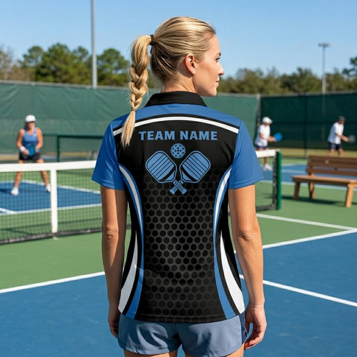 Custom Pickleball Polo Shirt Personalized Team Name Performance Black Blue Shirt Unisex