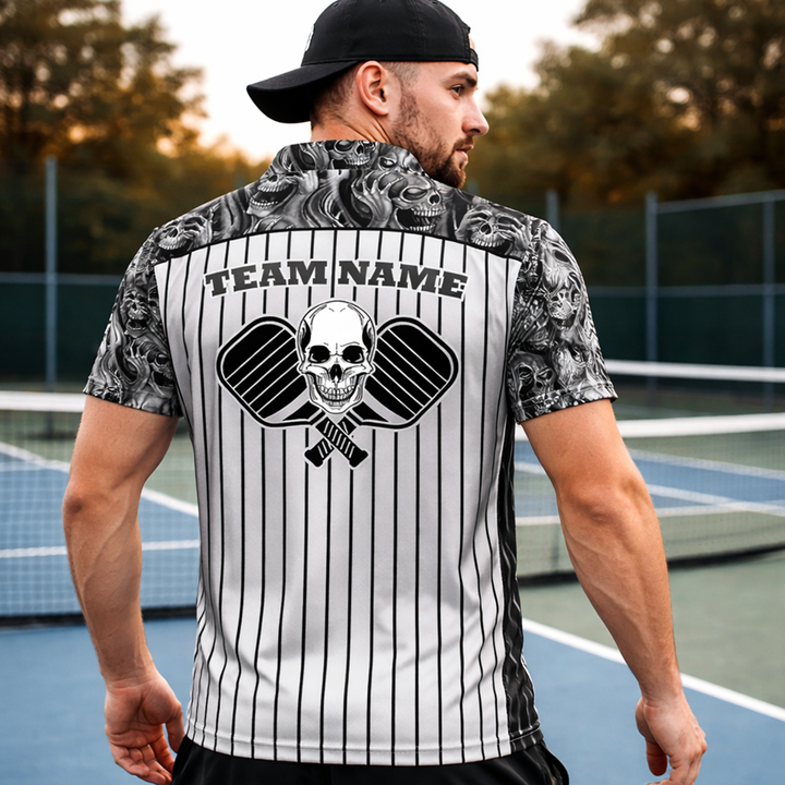 Skull Pickleball Polo Shirt Black White Personalized Name Team Shirt Performance Sports Polo Unisex