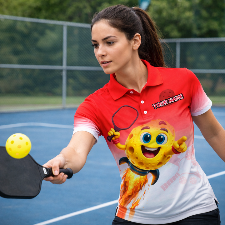 Men's Custom Pickleball Polo Shirt Funny Cartoon Ball Rocket Design Personalized Name Team Short Sleeve Red White Polyester Polo