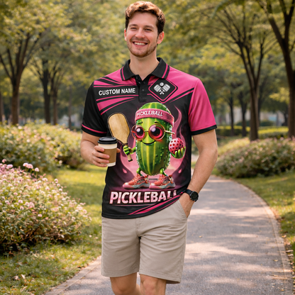 Custom Pickleball Polo Shirt Funny Pickle Character Graphic Breathable Polyester Sports Golf Tennis Casual Shirt Black