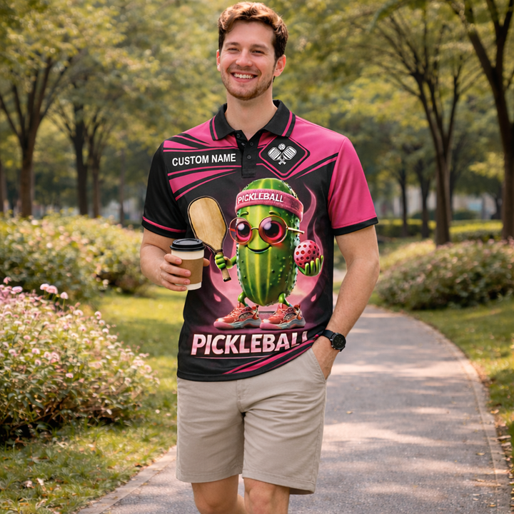 Custom Pickleball Polo Shirt Funny Pickle Character Graphic Breathable Polyester Sports Golf Tennis Casual Shirt Black