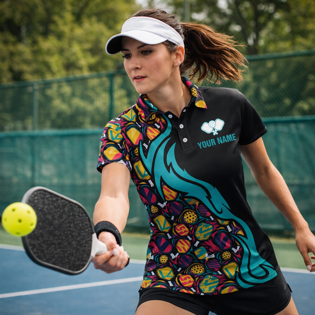 Custom Name Women's Pickleball Polo Shirt, Personalized Team Name Short Sleeve Button-Up Jersey, Colorful Paddle Pattern Athletic Tee
