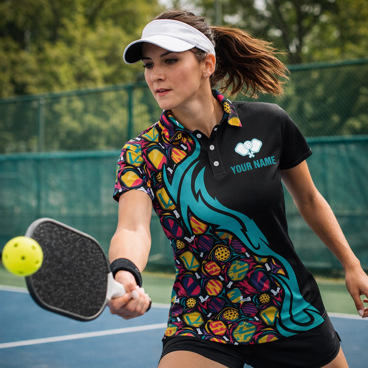 Custom Name Women's Pickleball Polo Shirt, Personalized Team Name Short Sleeve Button-Up Jersey, Colorful Paddle Pattern Athletic Tee