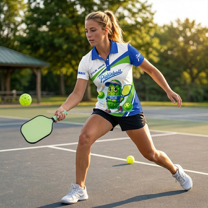 Personalized Pickleball Polo Shirt Funny Pickle Ballin Cactus Graphic Custom Name Sport Performance Tee