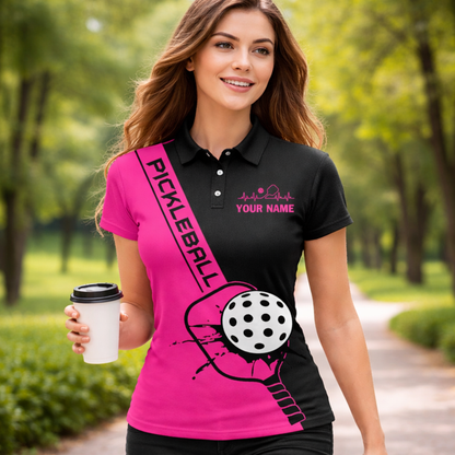 Personalized Pickleball Polo Shirt Women Pink Black Sport Shirt Custom Name Breathable Performance Top