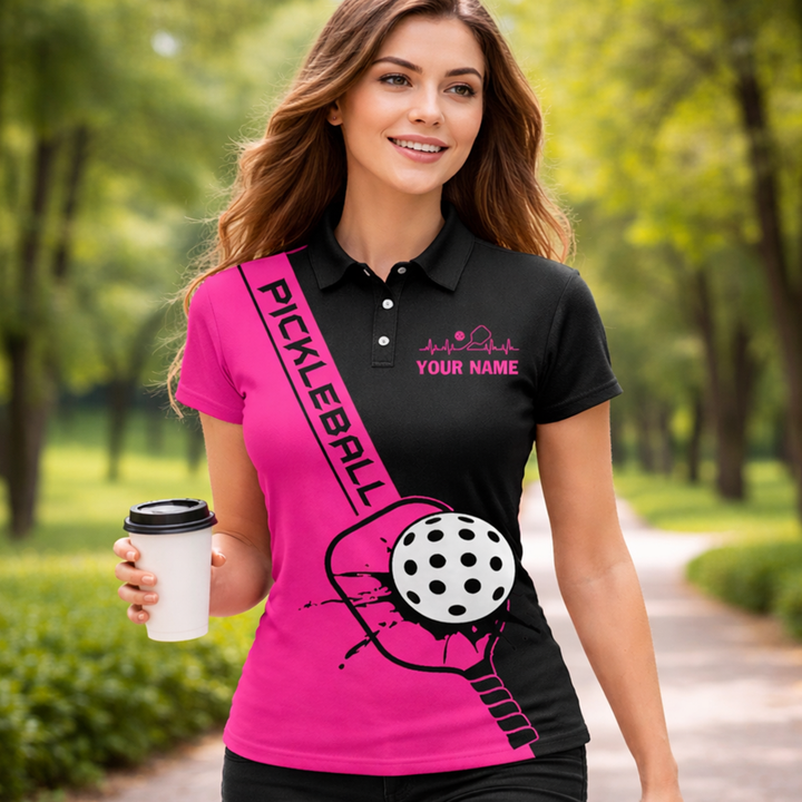 Personalized Pickleball Polo Shirt Women Pink Black Sport Shirt Custom Name Breathable Performance Top
