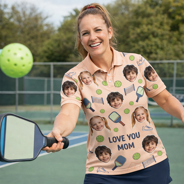 Love You Mom Custom Kids Photo Pickleball Polo Peach